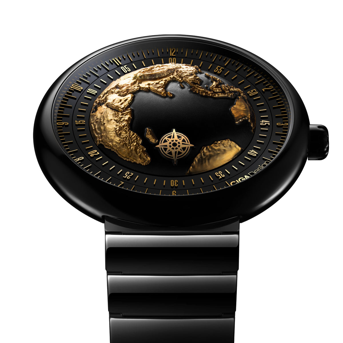 CIGA Design Blue Planet Gilded Age Black Ceramic Automatic Watch – front angle of the gilded Earth dial