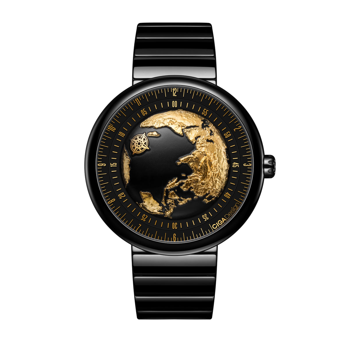 CIGA Design Blue Planet Gilded Age Black Ceramic Automatic Watch – front view on black ceramic bracelet