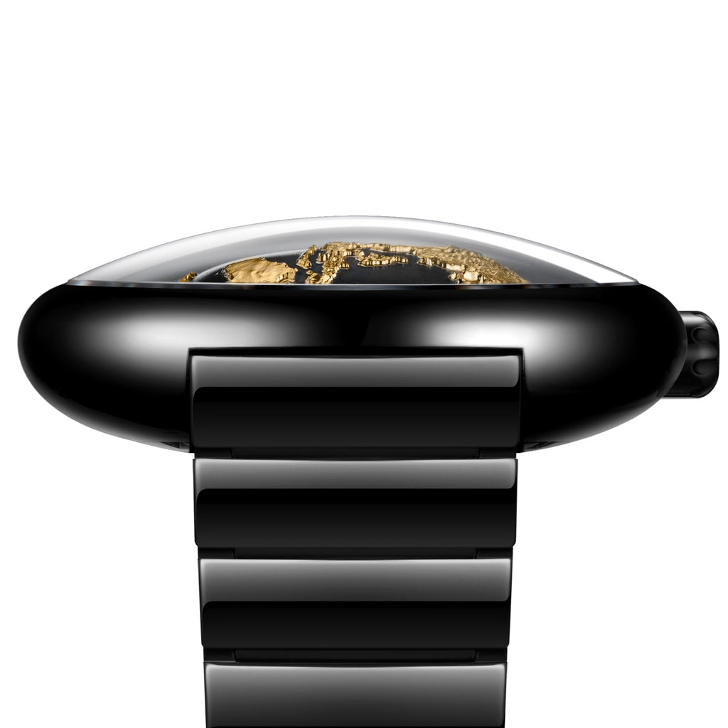 CIGA Design Blue Planet Gilded Age Black Ceramic Automatic Watch – side profile with domed sapphire crystal