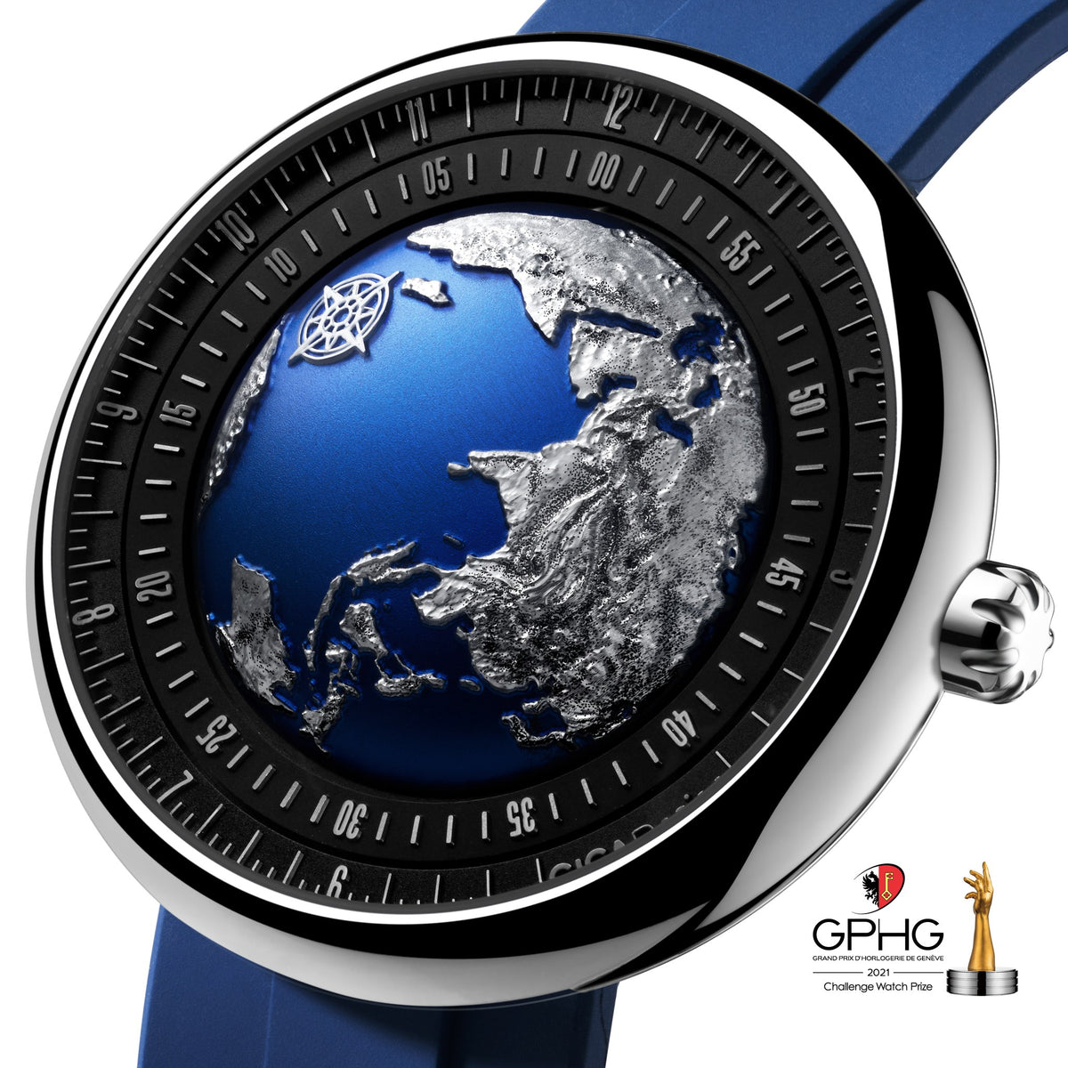 CIGA Design Blue Planet GPHG-Winning Automatic Watch – angled view of the rotating Earth dial