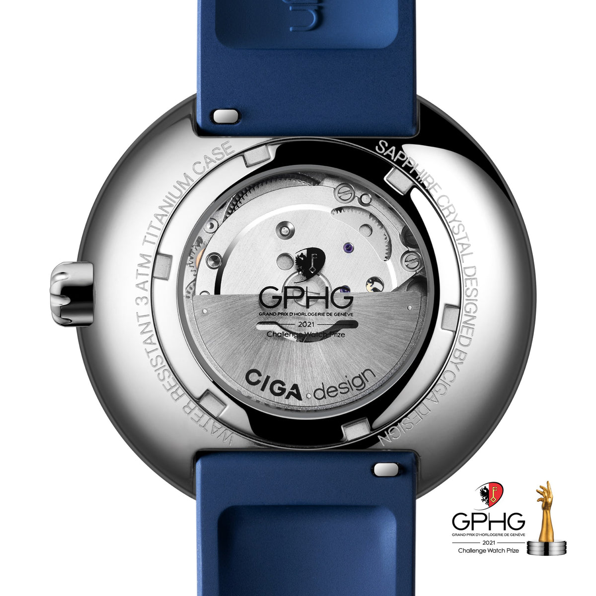 CIGA Design Blue Planet GPHG-Winning Automatic Watch – caseback with GPHG-engraved automatic rotor