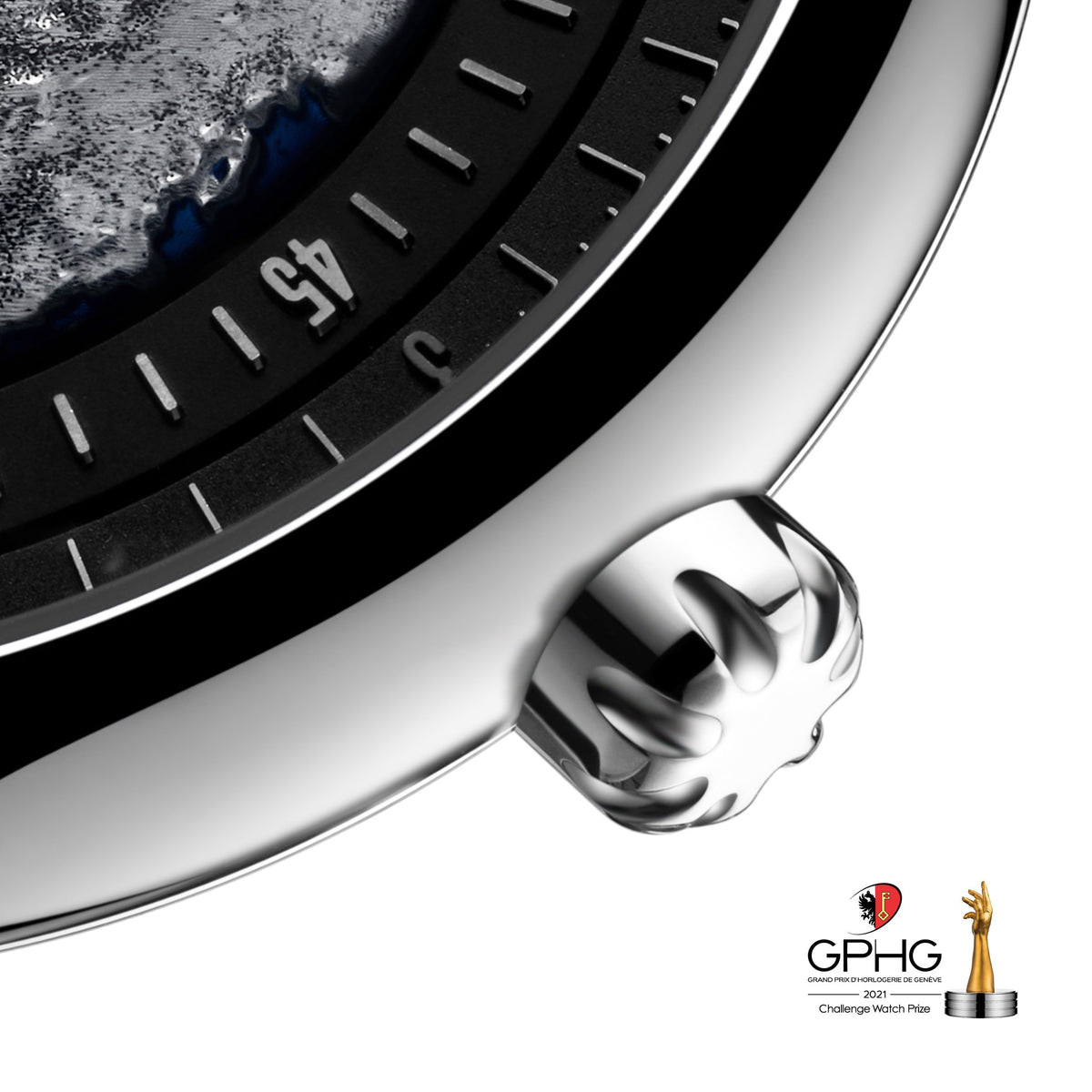 CIGA Design Blue Planet GPHG-Winning Automatic Watch – crown and polished case close-up
