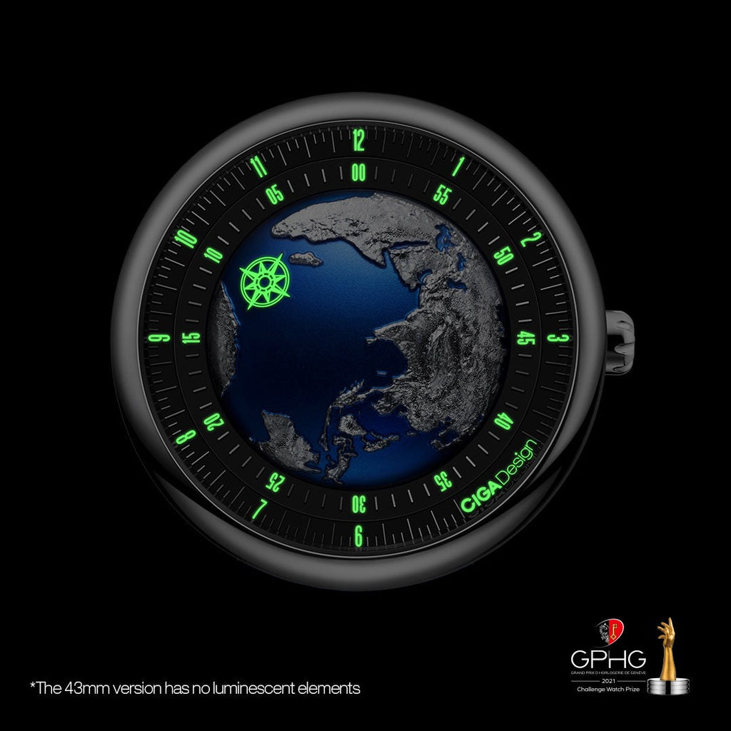 CIGA Design Blue Planet GPHG-Winning Automatic Watch – luminous dial glowing green in the dark (46 mm)