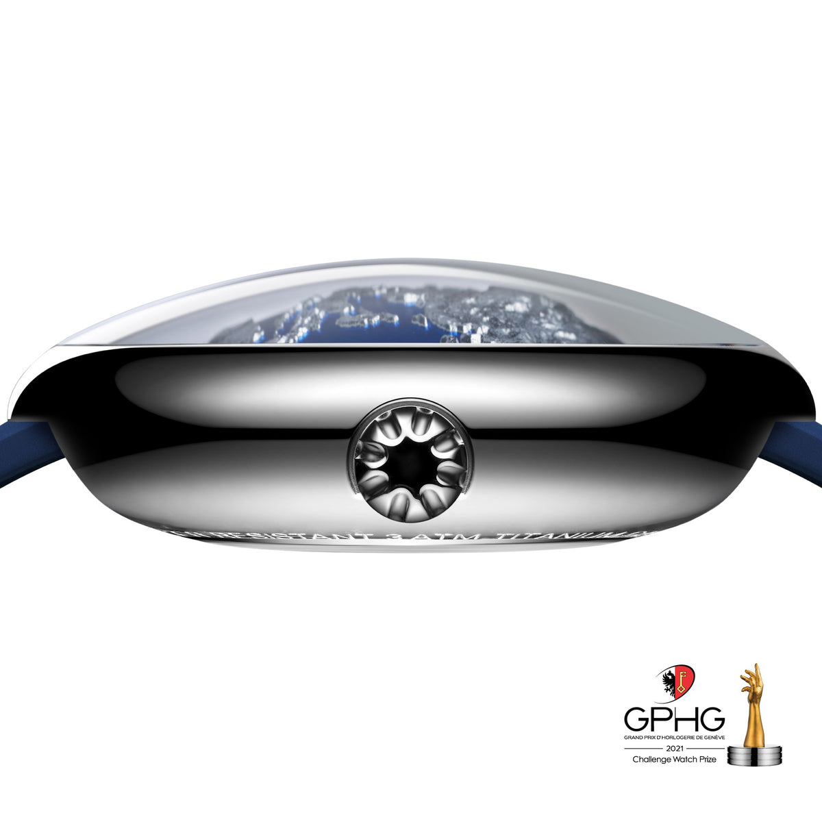 CIGA Design Blue Planet GPHG-Winning Automatic Watch – side profile with domed sapphire crystal and crown