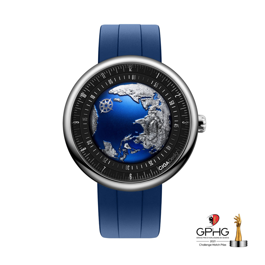 CIGA Design Blue Planet GPHG-Winning Automatic Watch – stainless steel front view on blue fluororubber strap