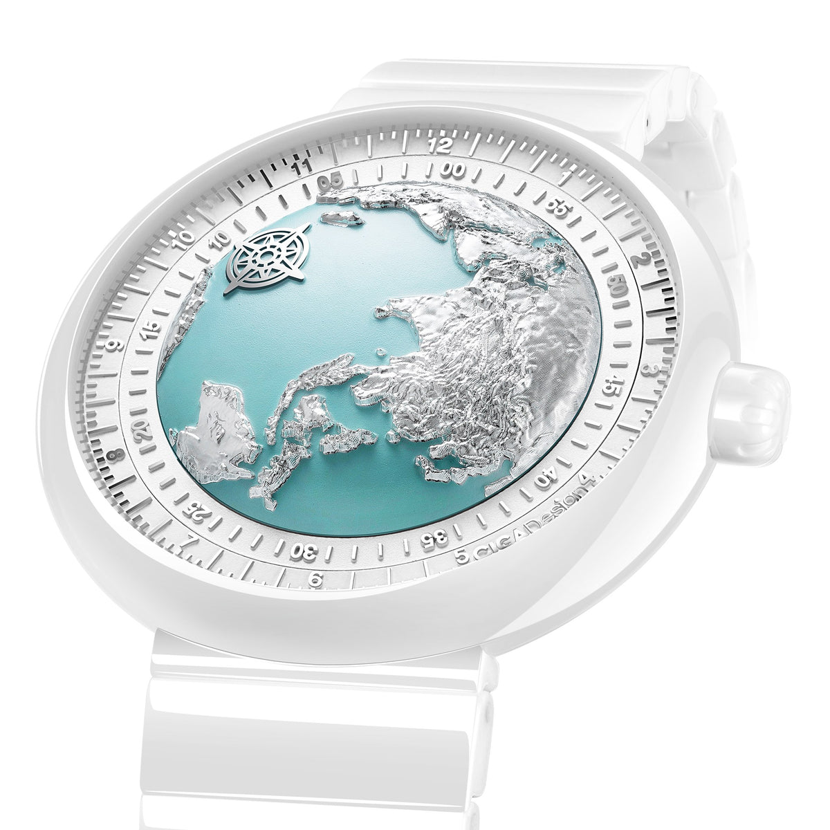 CIGA Design Blue Planet Ice Age White Ceramic Automatic Watch – angled view of the glacial blue and silver dial