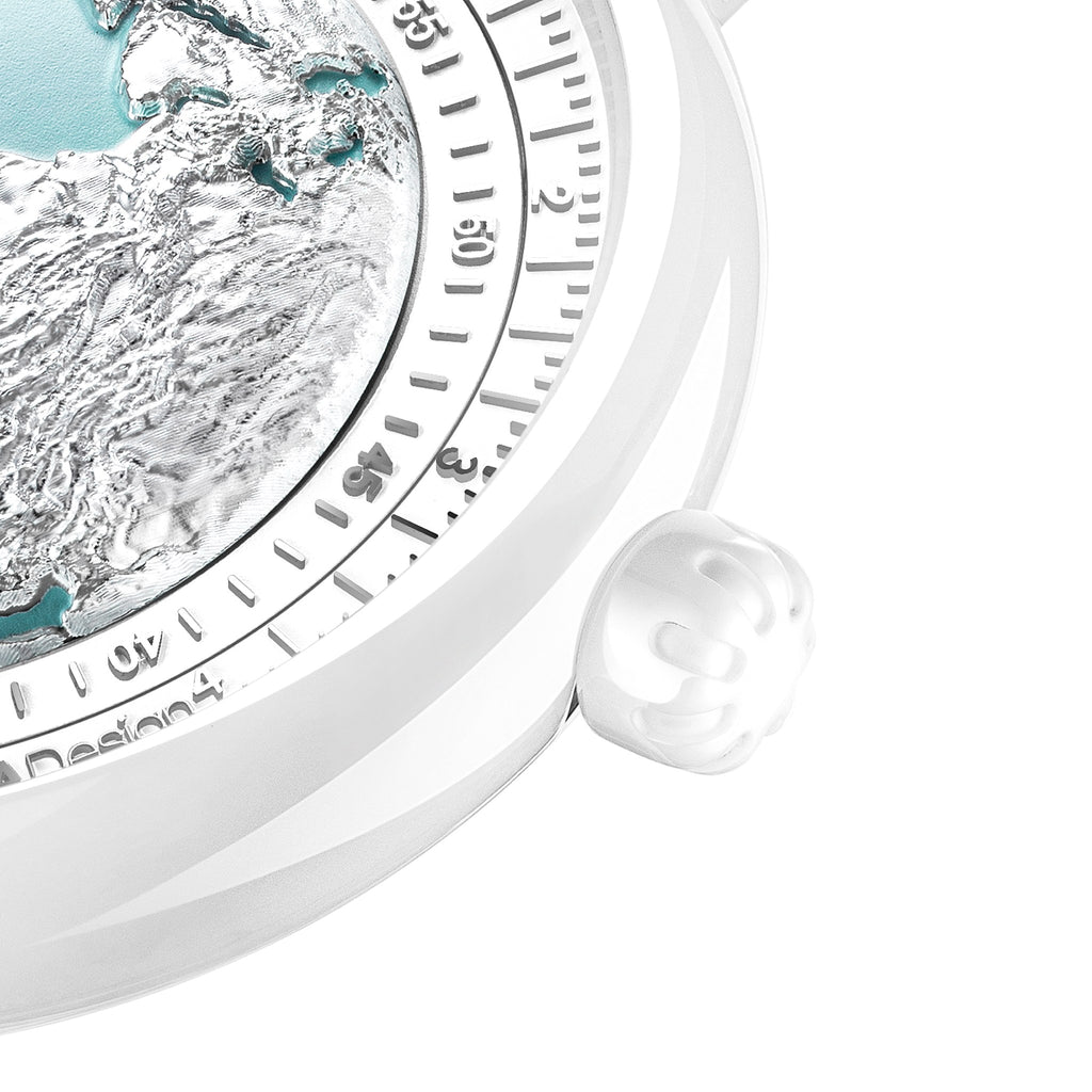 CIGA Design Blue Planet Ice Age White Ceramic Automatic Watch – crown and white ceramic case close-up