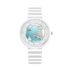 CIGA Design Blue Planet Ice Age White Ceramic Automatic Watch – front view on white ceramic bracelet