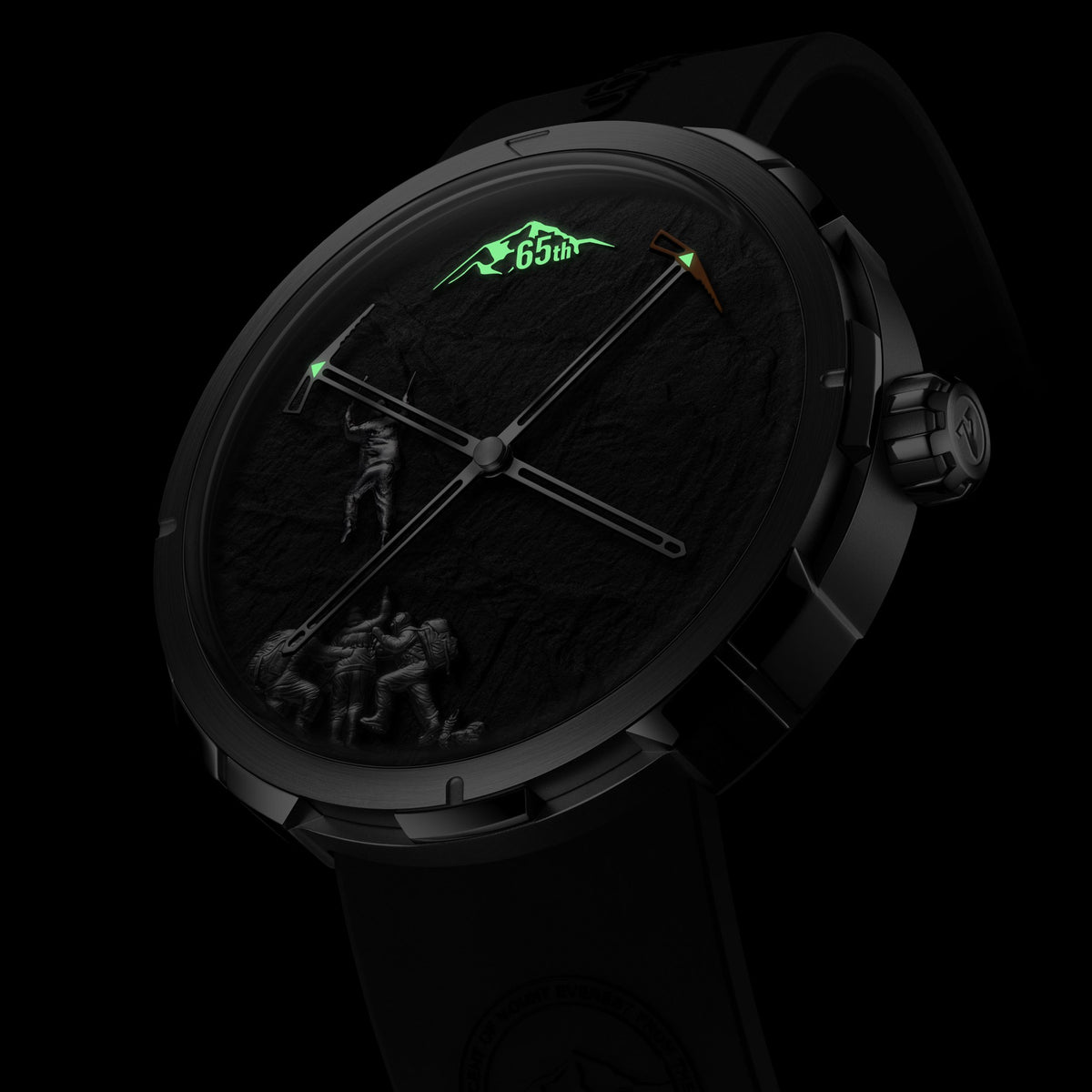 CIGA Design Everest China 65th Anniversary Automaton Titanium Watch – luminous relief and hands glowing in the dark