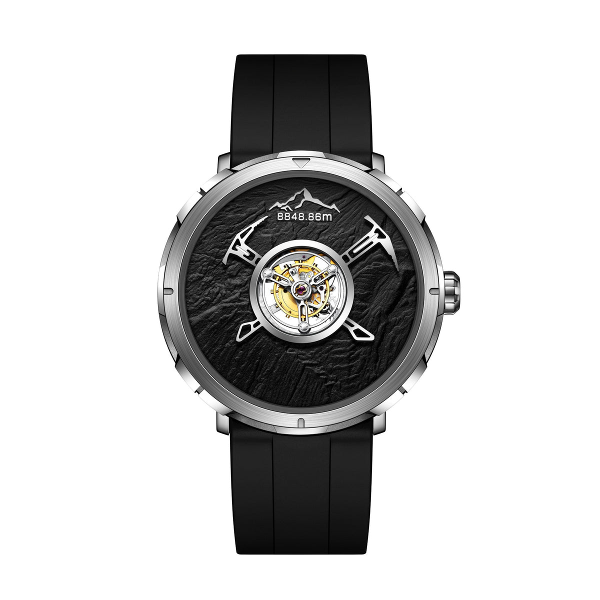CIGA Design Everest Summit Central Tourbillon Titanium Watch – front view of the central tourbillon and Everest bedrock dial