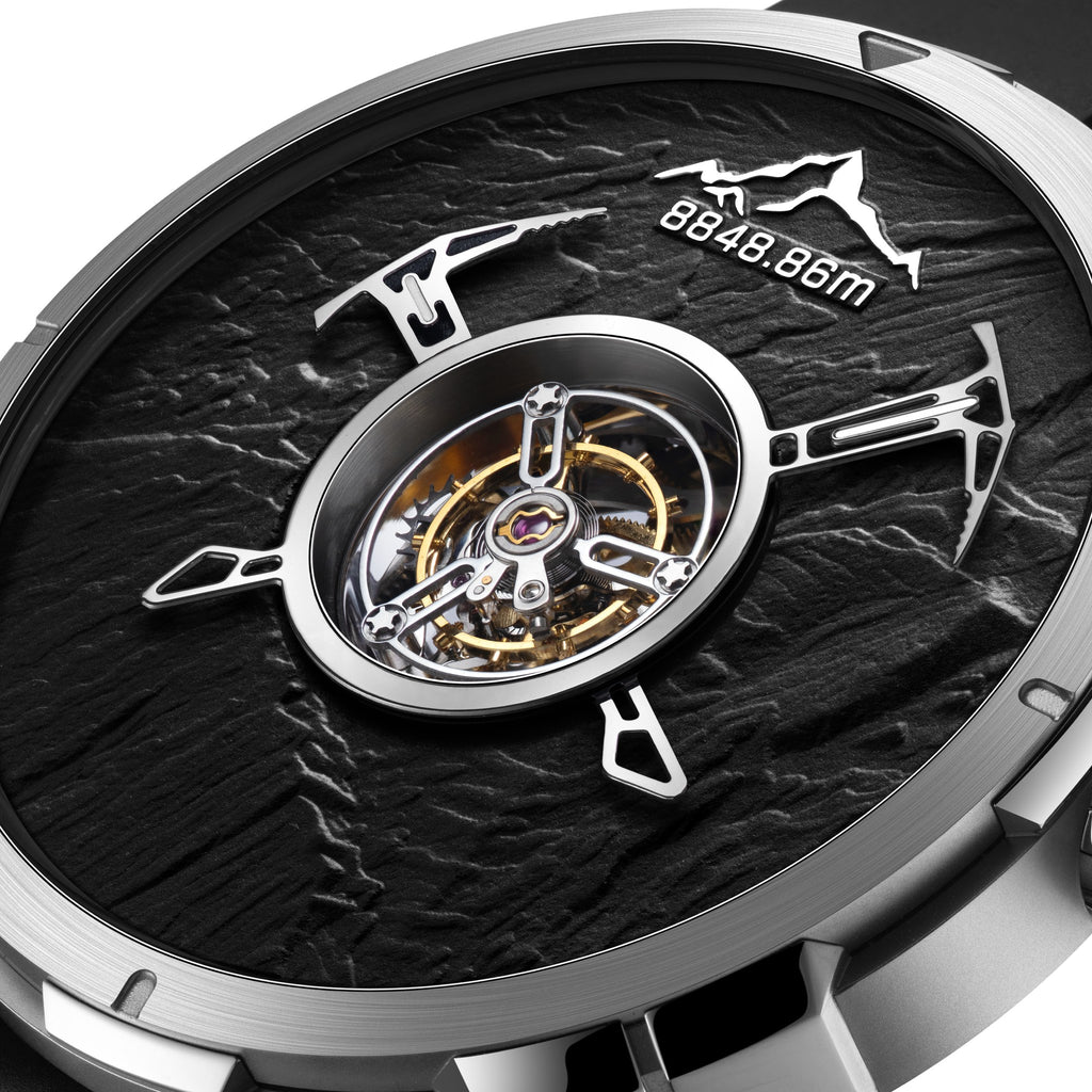 CIGA Design Everest Summit Central Tourbillon Titanium Watch – macro of the central tourbillon and ice-axe hands