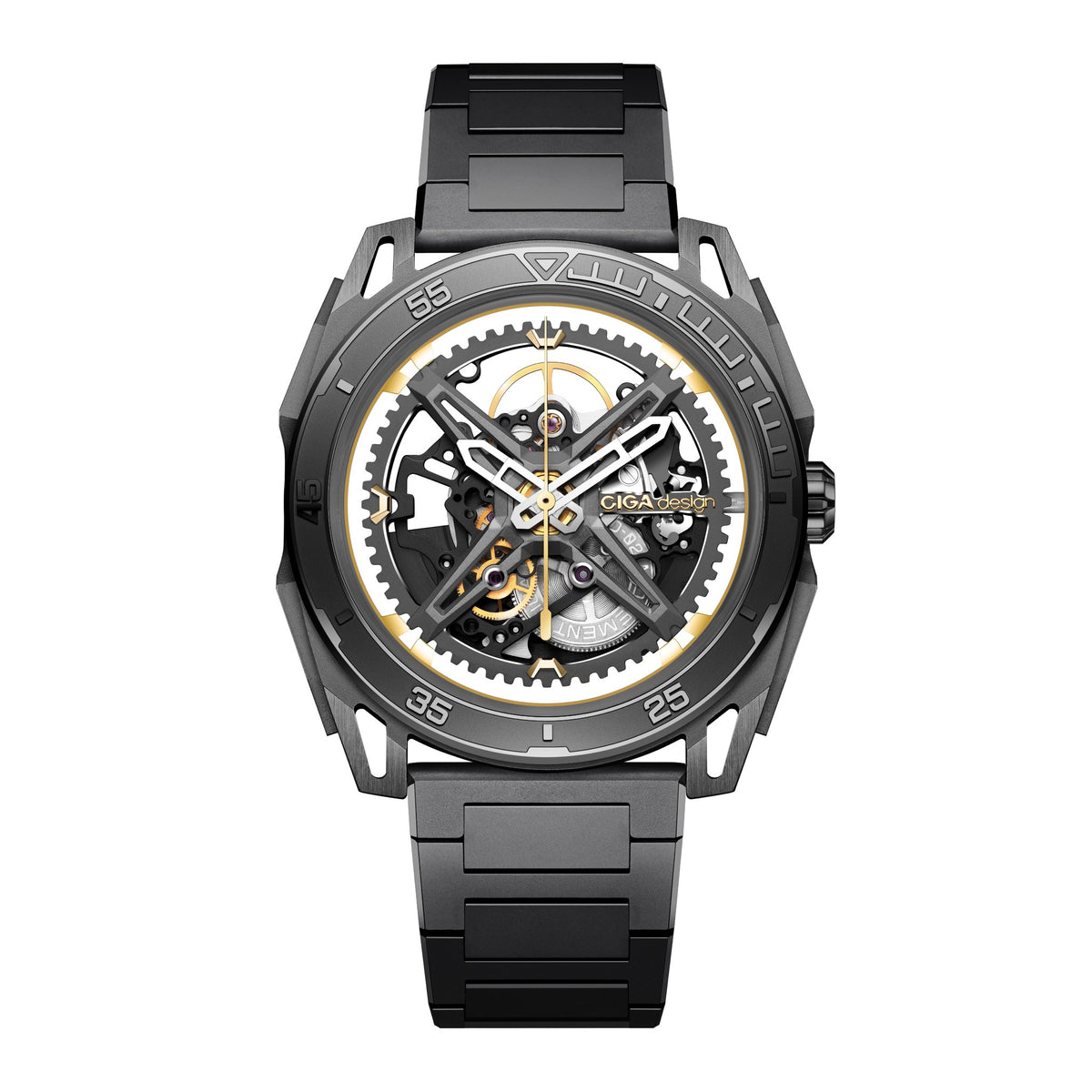 CIGA Design Falcon Round Skeleton Automatic Watch – Carbon front view on H-link bracelet