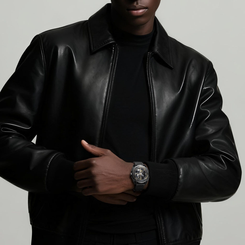 CIGA Design Falcon Round Skeleton Automatic Watch – Carbon worn on the wrist