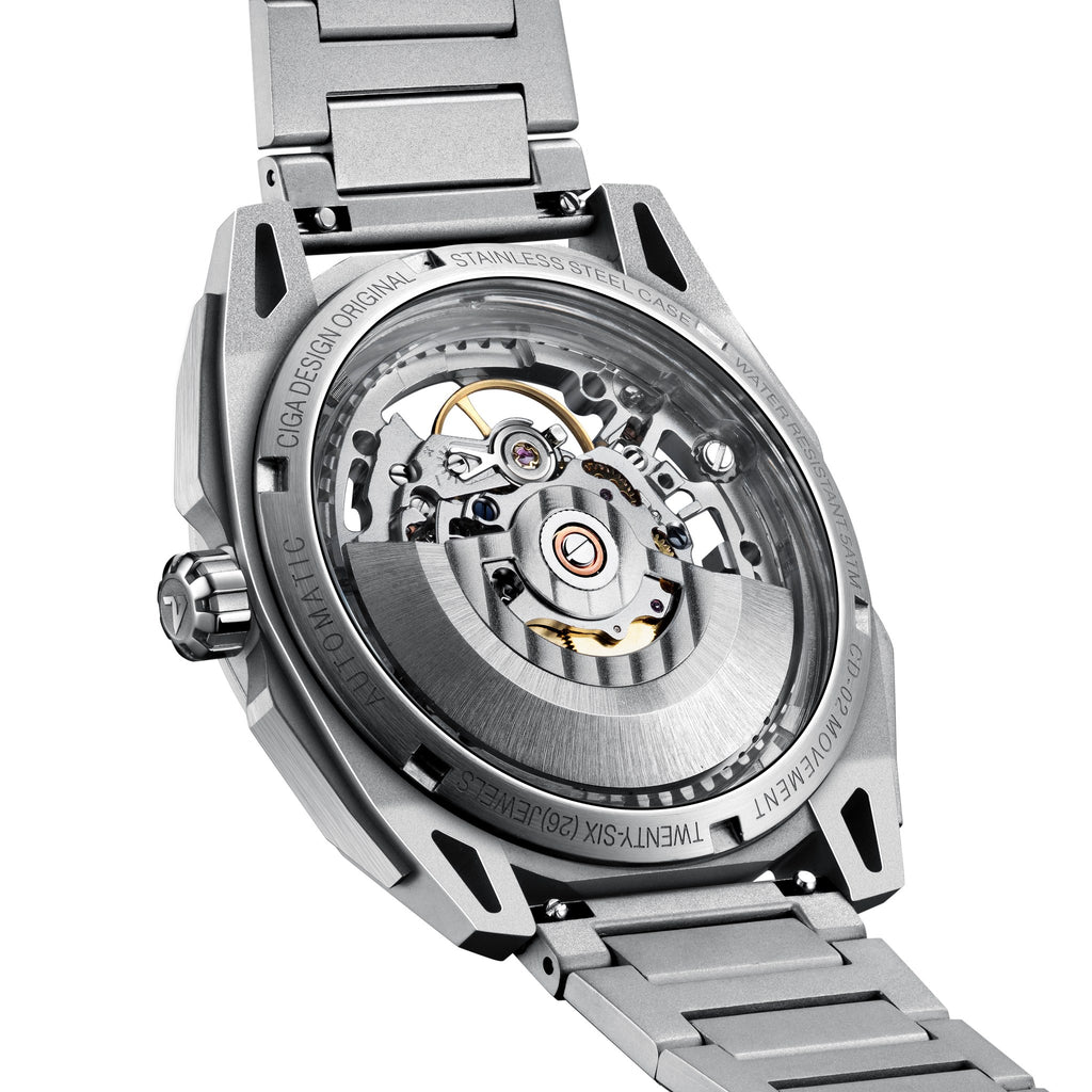 CIGA Design Falcon Round Skeleton Automatic Watch – Silver caseback showing the CD-02 movement