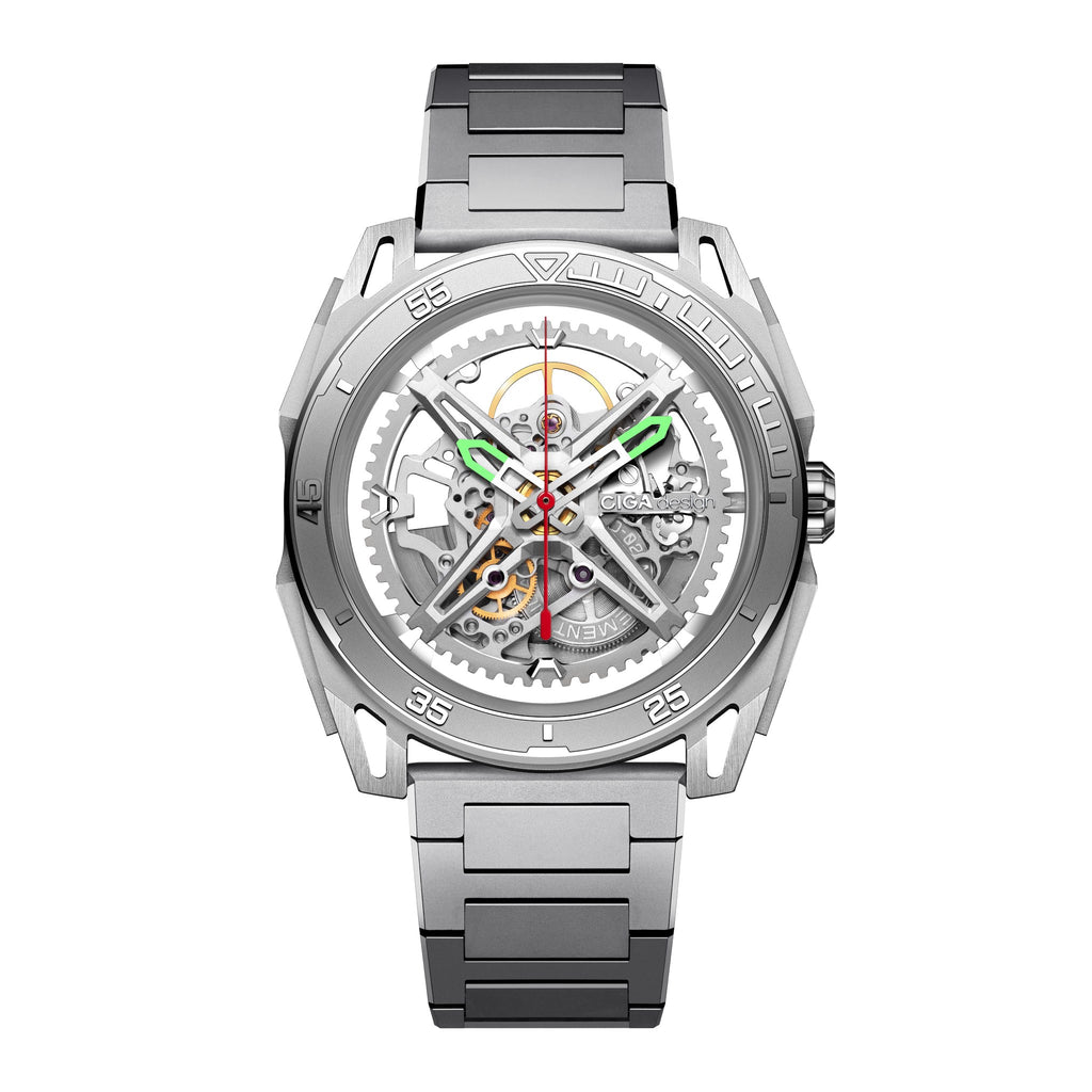 CIGA Design Falcon Round Skeleton Automatic Watch – Silver front view on H-link bracelet