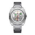 CIGA Design Falcon Round Skeleton Automatic Watch – Silver front view on H-link bracelet
