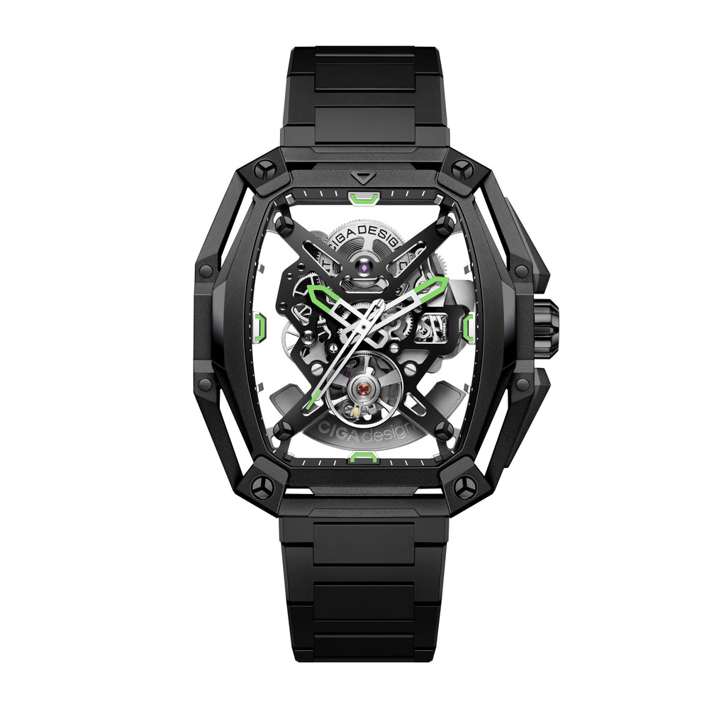 CIGA Design Hunter Steel Skeleton Automatic Watch – Black front view on steel bracelet