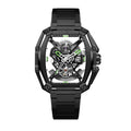 CIGA Design Hunter Steel Skeleton Automatic Watch – Black front view on steel bracelet