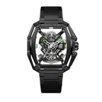 CIGA Design Hunter Steel Skeleton Automatic Watch – Black front view on steel bracelet