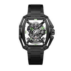 CIGA Design Hunter Steel Skeleton Automatic Watch – Black front view on steel bracelet