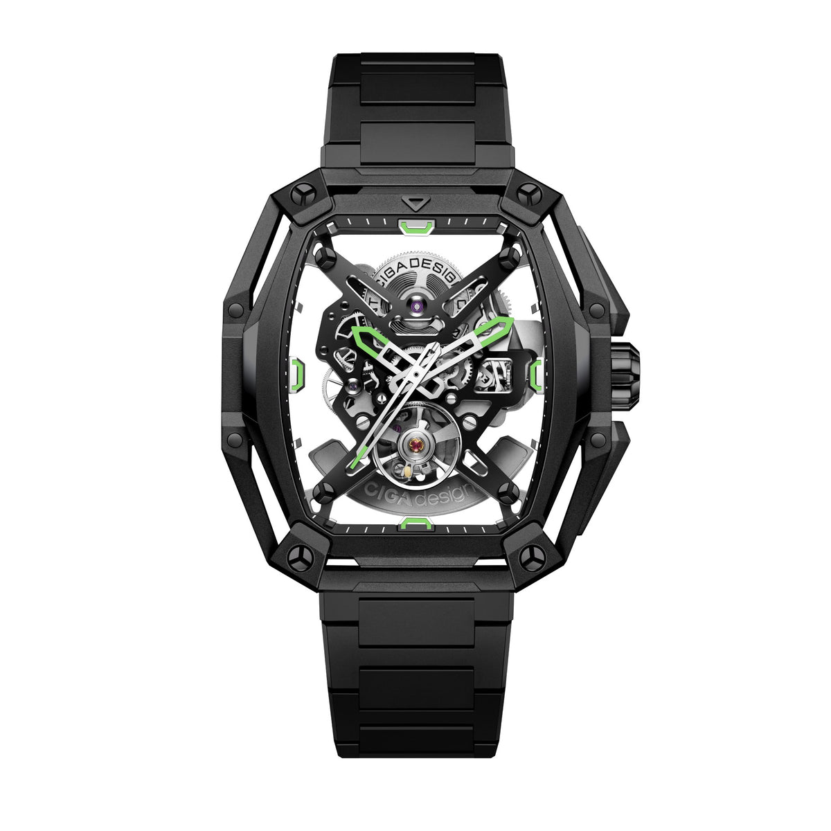 CIGA Design Hunter Steel Skeleton Automatic Watch – Black front view on steel bracelet