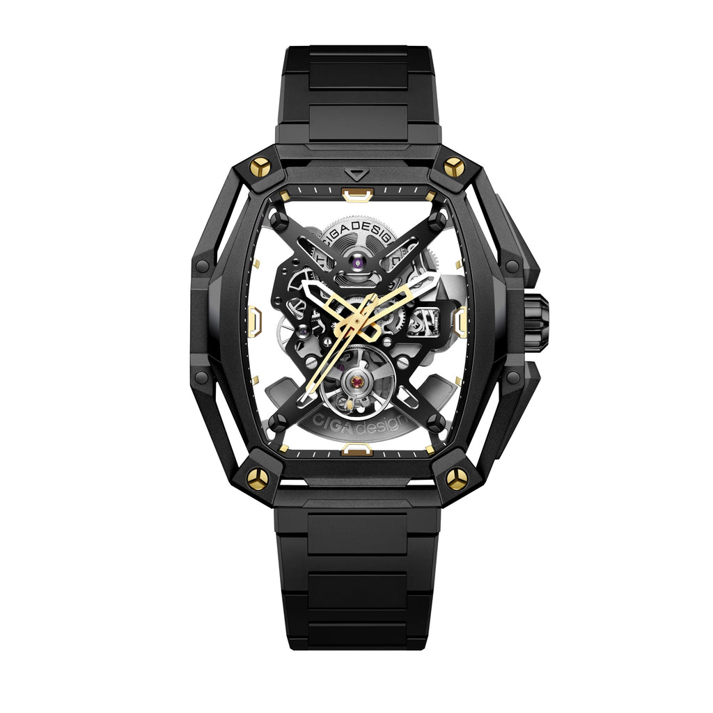 CIGA Design Hunter Steel Skeleton Automatic Watch – Black Gold front view on steel bracelet