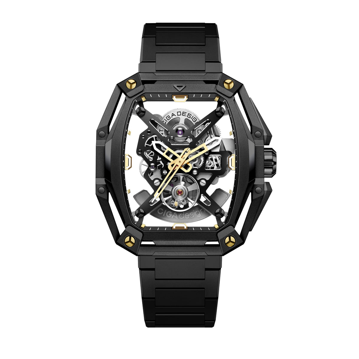 CIGA Design Hunter Steel Skeleton Automatic Watch – Black Gold front view on steel bracelet