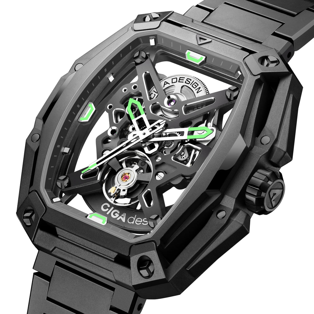 CIGA Design Hunter Steel Skeleton Automatic Watch – Carbon angled view