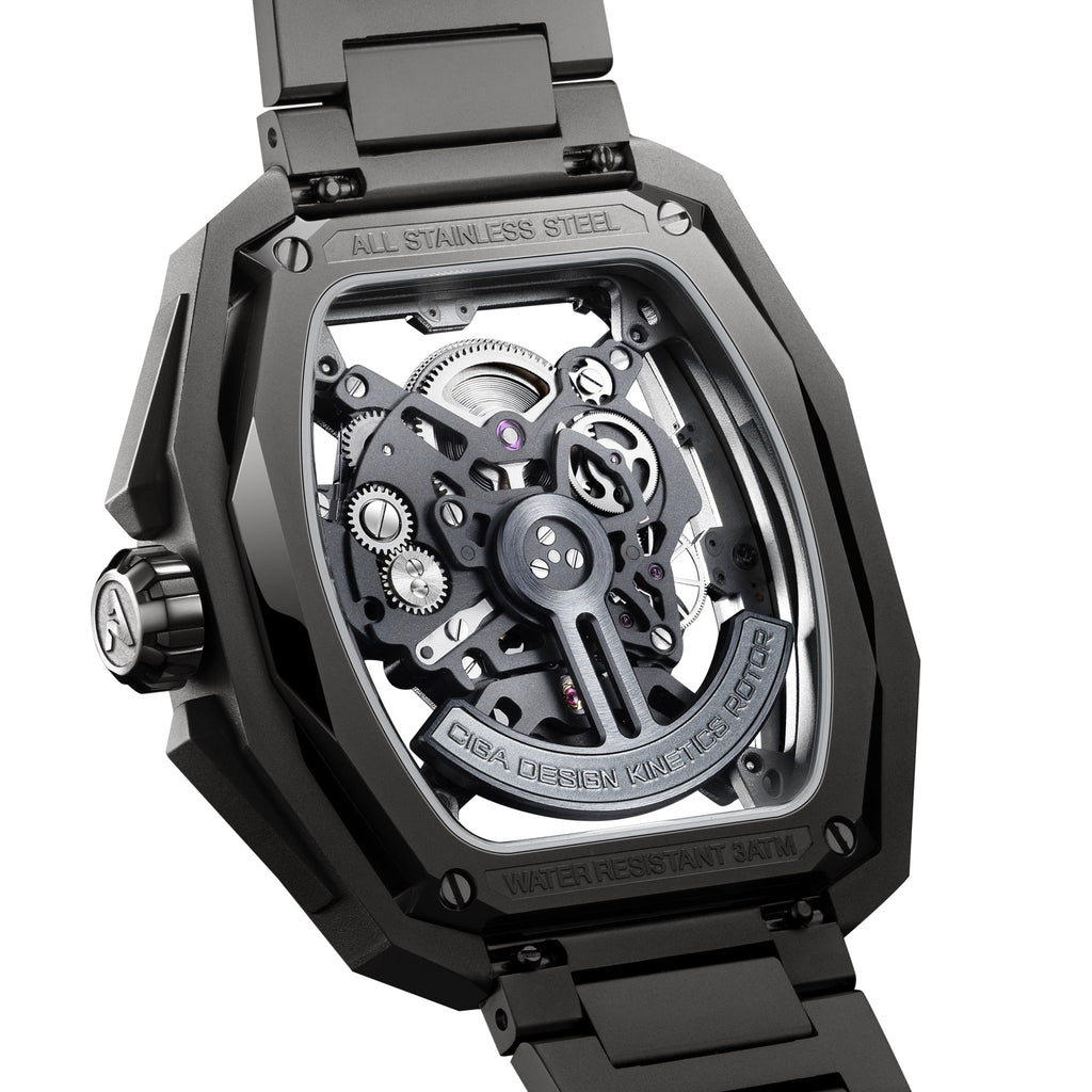 CIGA Design Hunter Steel Skeleton Automatic Watch – Carbon caseback showing the skeleton CD-07 movement