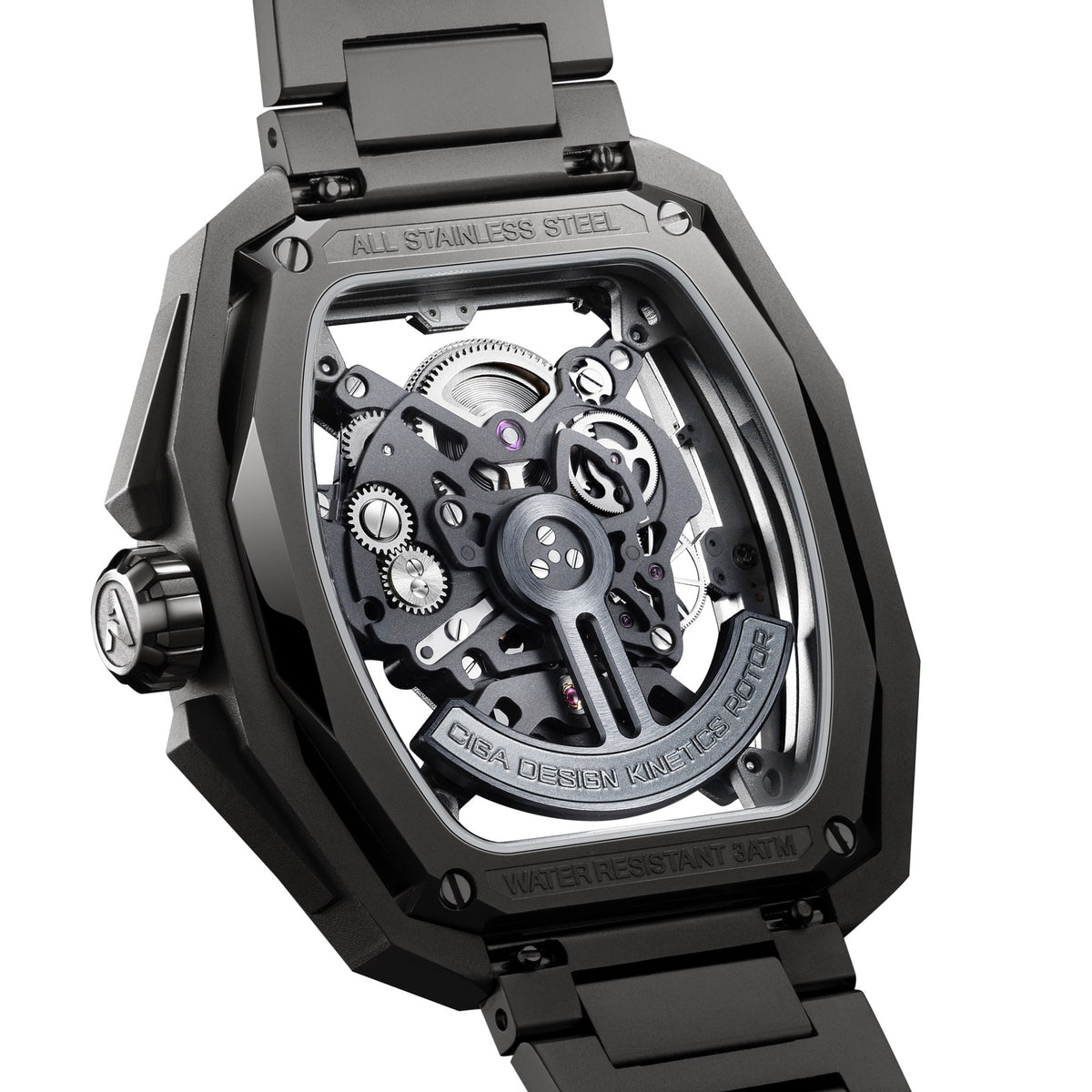 CIGA Design Hunter Steel Skeleton Automatic Watch – Carbon caseback showing the skeleton CD-07 movement