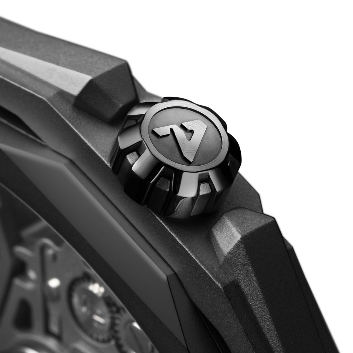 CIGA Design Hunter Steel Skeleton Automatic Watch – Carbon crown close-up