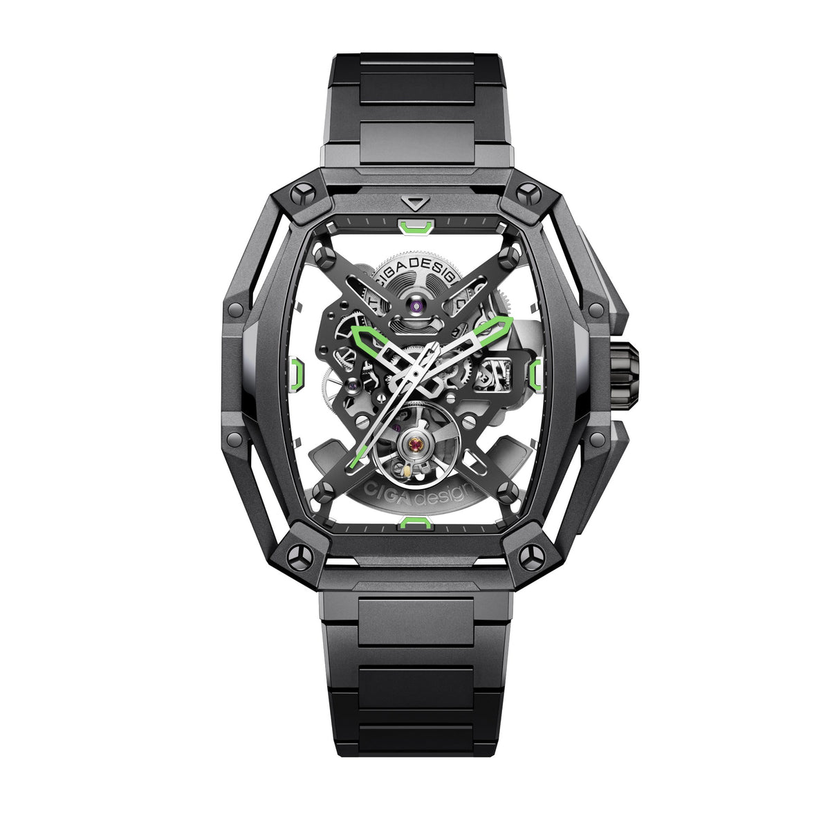 CIGA Design Hunter Steel Skeleton Automatic Watch – Carbon front view on steel bracelet