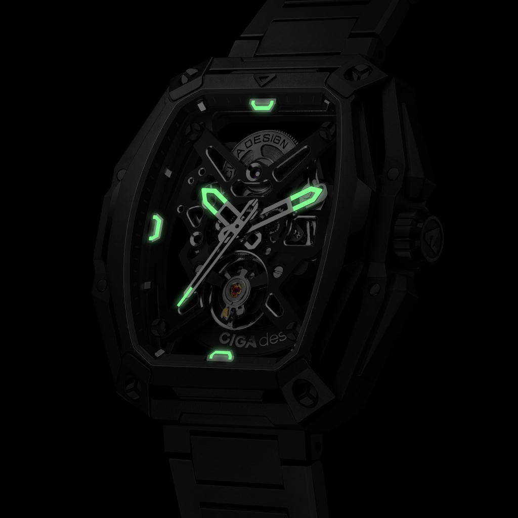 CIGA Design Hunter Steel Skeleton Automatic Watch – Carbon luminous dial in the dark