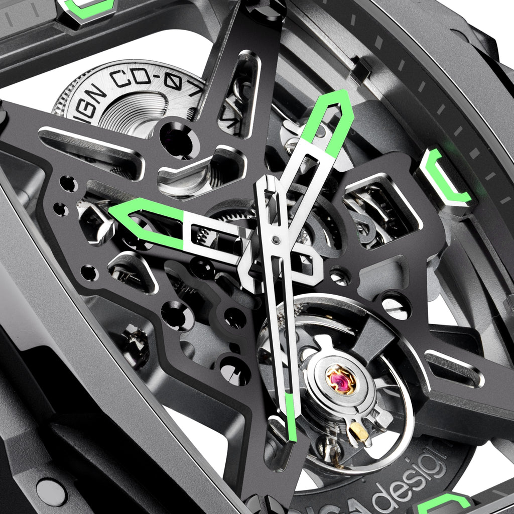 CIGA Design Hunter Steel Skeleton Automatic Watch – Carbon skeleton dial macro with luminous hands