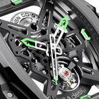 CIGA Design Hunter Steel Skeleton Automatic Watch – Carbon skeleton dial macro with luminous hands