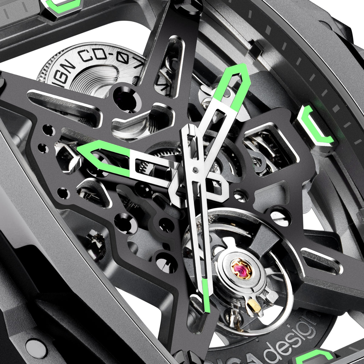 CIGA Design Hunter Steel Skeleton Automatic Watch – Carbon skeleton dial macro with luminous hands