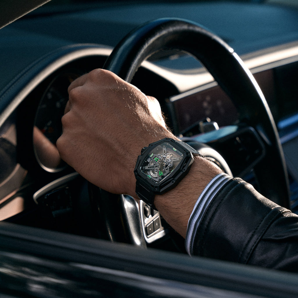 CIGA Design Hunter Steel Skeleton Automatic Watch – Carbon worn on the wrist while driving