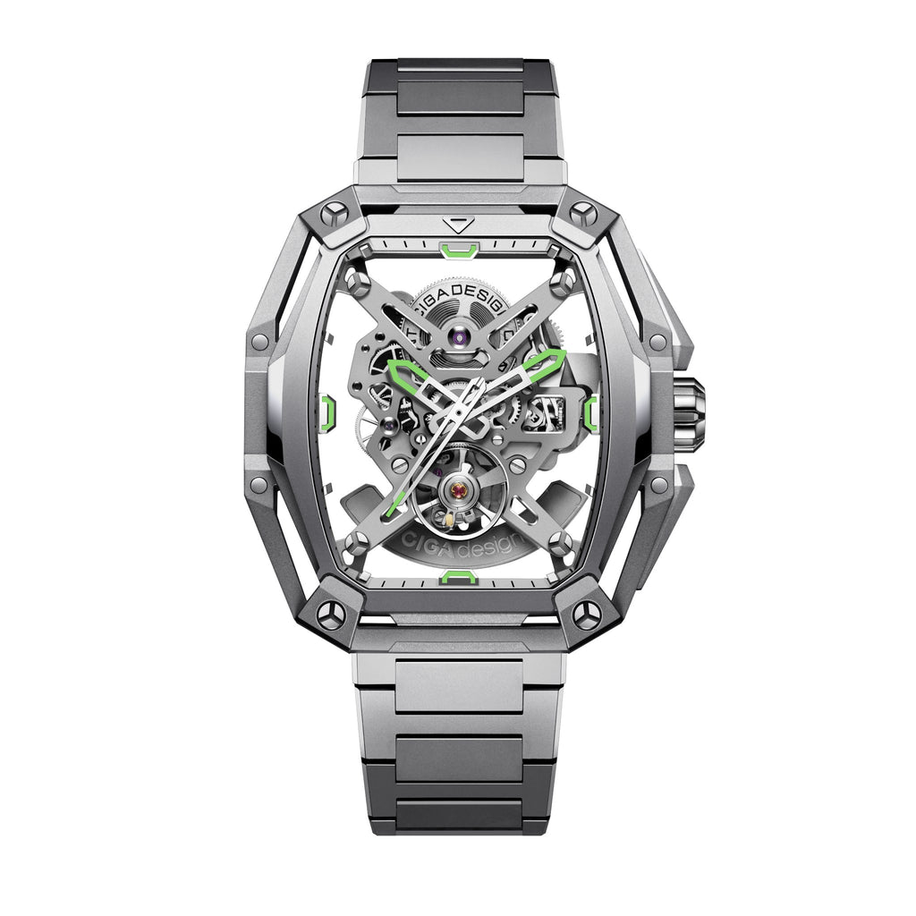 CIGA Design Hunter Steel Skeleton Automatic Watch – Silver front view on steel bracelet