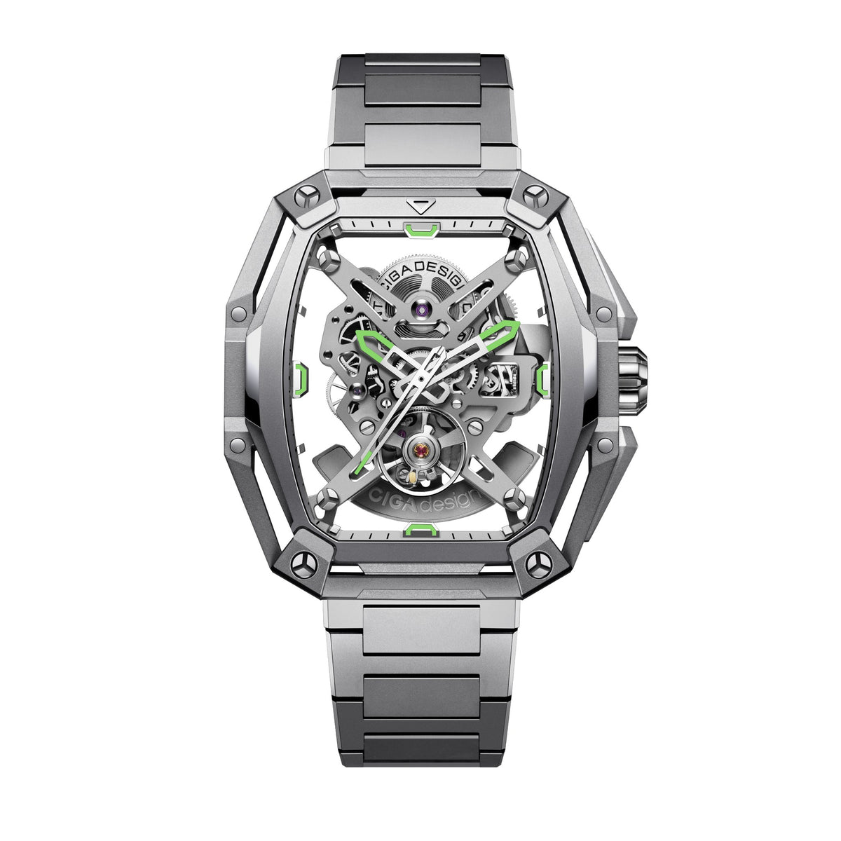 CIGA Design Hunter Steel Skeleton Automatic Watch – Silver front view on steel bracelet