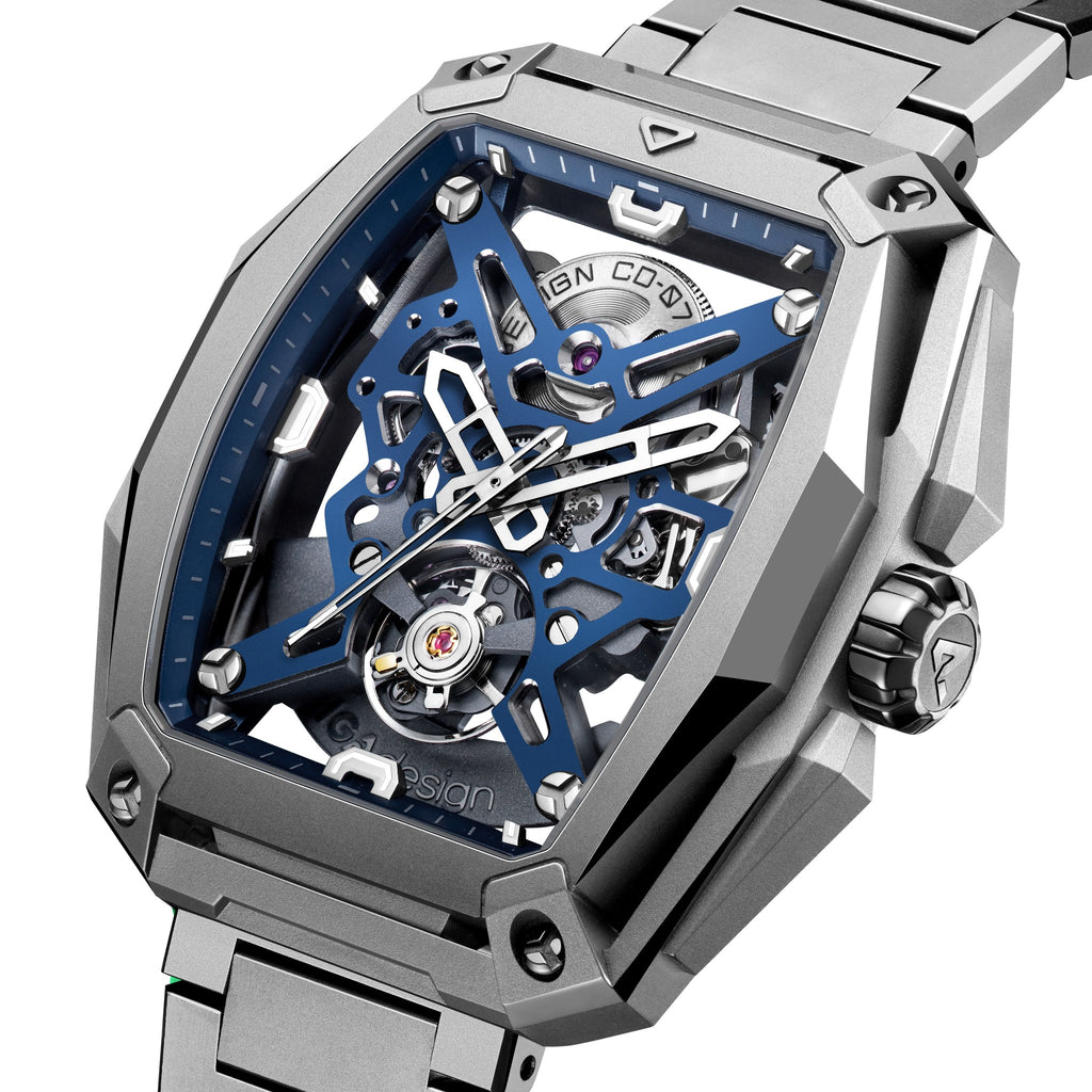CIGA Design Hunter Titanium Skeleton Automatic Watch – Blue angled view of the skeleton dial