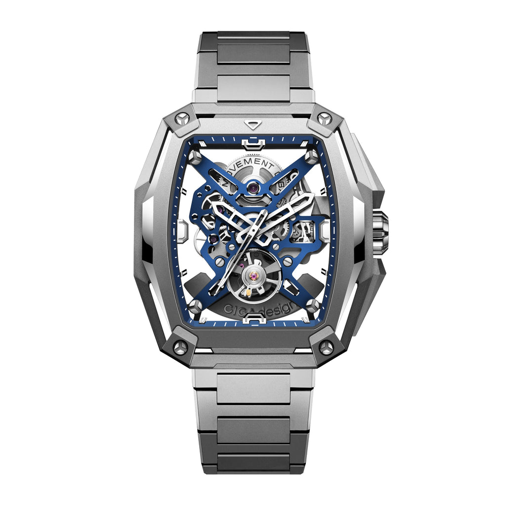 CIGA Design Hunter Titanium Skeleton Automatic Watch – Blue front view on titanium bracelet
