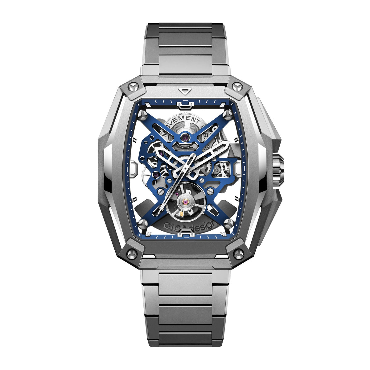 CIGA Design Hunter Titanium Skeleton Automatic Watch – Blue front view on titanium bracelet