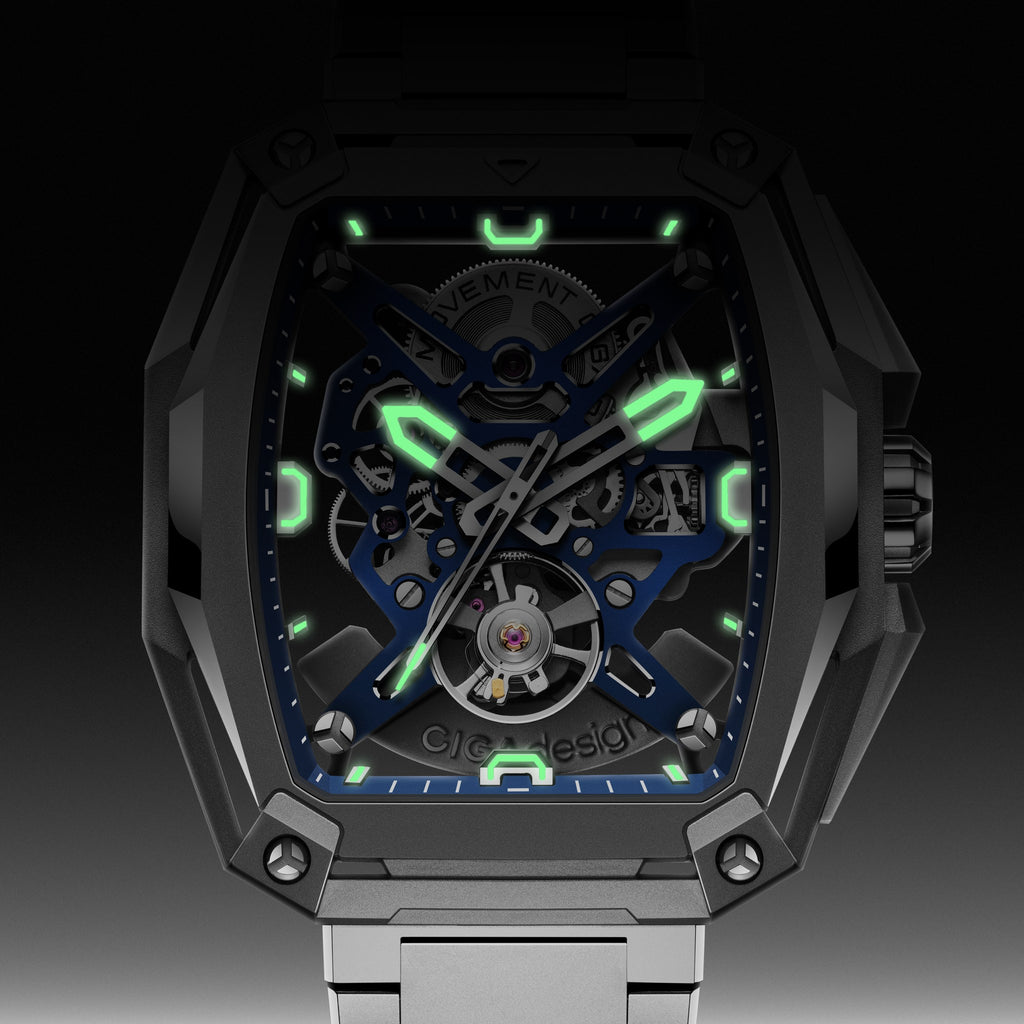 CIGA Design Hunter Titanium Skeleton Automatic Watch – Blue luminous dial in the dark