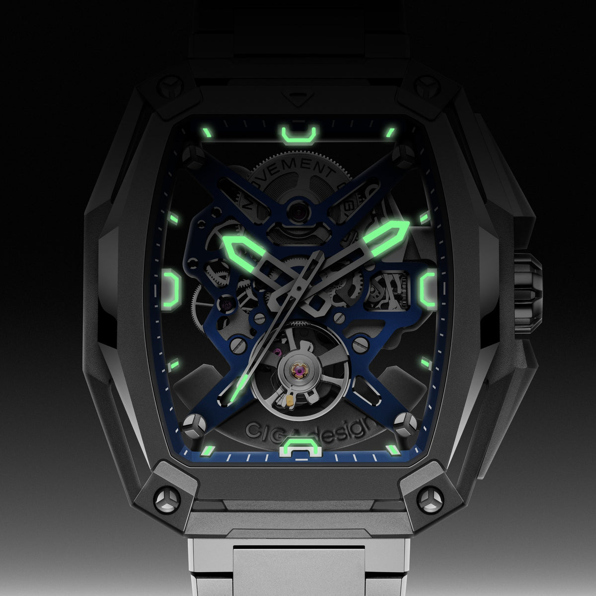 CIGA Design Hunter Titanium Skeleton Automatic Watch – Blue luminous dial in the dark
