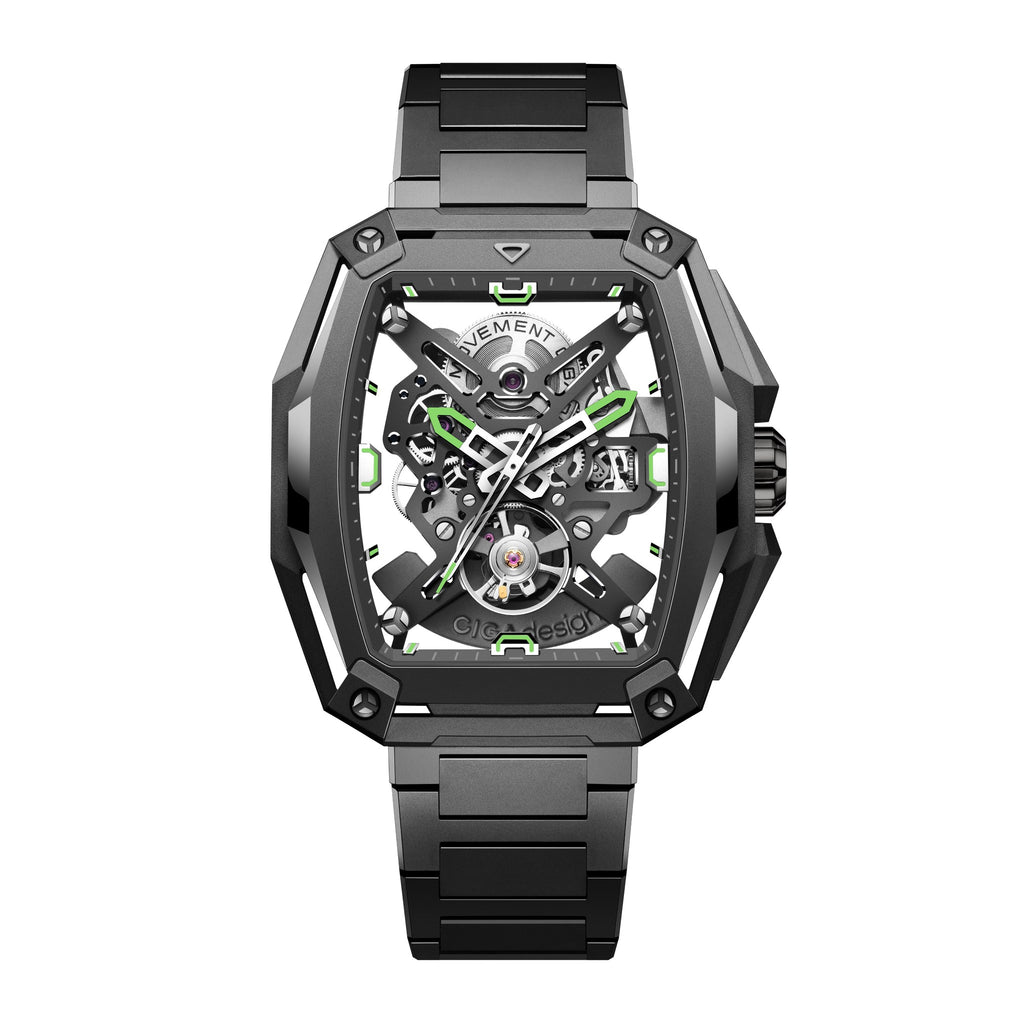 CIGA Design Hunter Titanium Skeleton Automatic Watch – Carbon front view on titanium bracelet