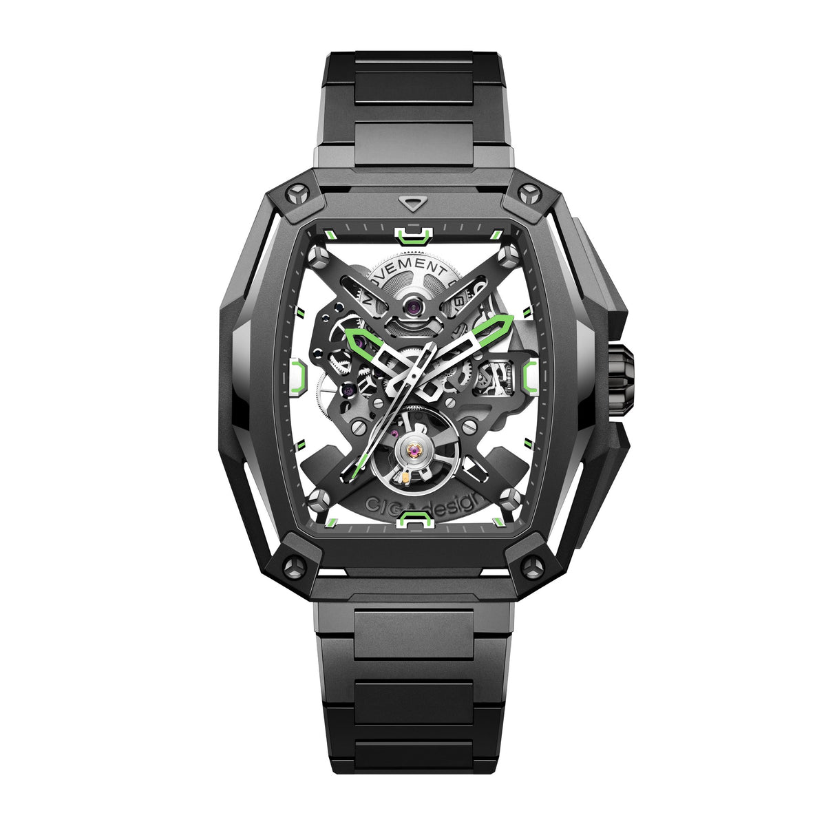 CIGA Design Hunter Titanium Skeleton Automatic Watch – Carbon front view on titanium bracelet