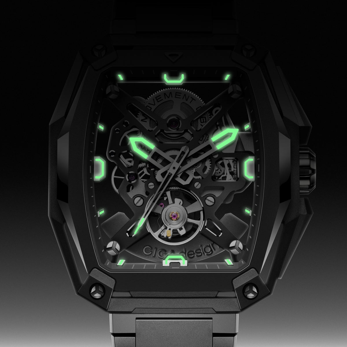 CIGA Design Hunter Titanium Skeleton Automatic Watch – Carbon luminous dial in the dark