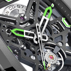 CIGA Design Hunter Titanium Skeleton Automatic Watch – Carbon skeleton dial macro with luminous hands