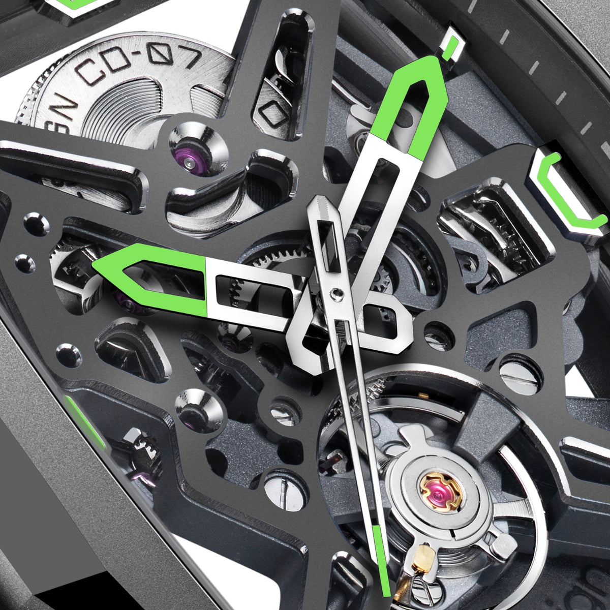 CIGA Design Hunter Titanium Skeleton Automatic Watch – Carbon skeleton dial macro with luminous hands