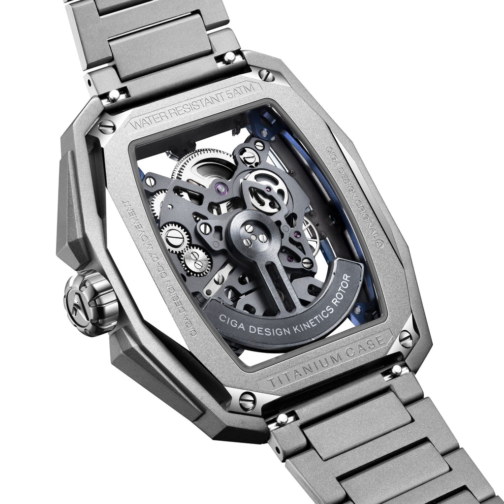 CIGA Design Hunter Titanium Skeleton Automatic Watch – Silver caseback showing the skeleton movement